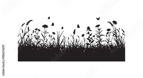 Wildflower meadow silhouette with butterflies flying over grass black and white nature landscape vector illustration art.
