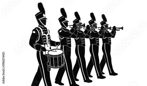 A line of musicians in ornate military uniforms plays brass instruments and percussion creating a striking visual silhouette high quality professional detailed modern elegant