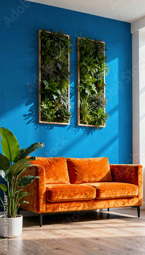 A contemporary living room featuring a vibrant orange sofa against a blue wall decorated with green plants in wooden boxes. The space is bright and airy, illuminated by natural light.