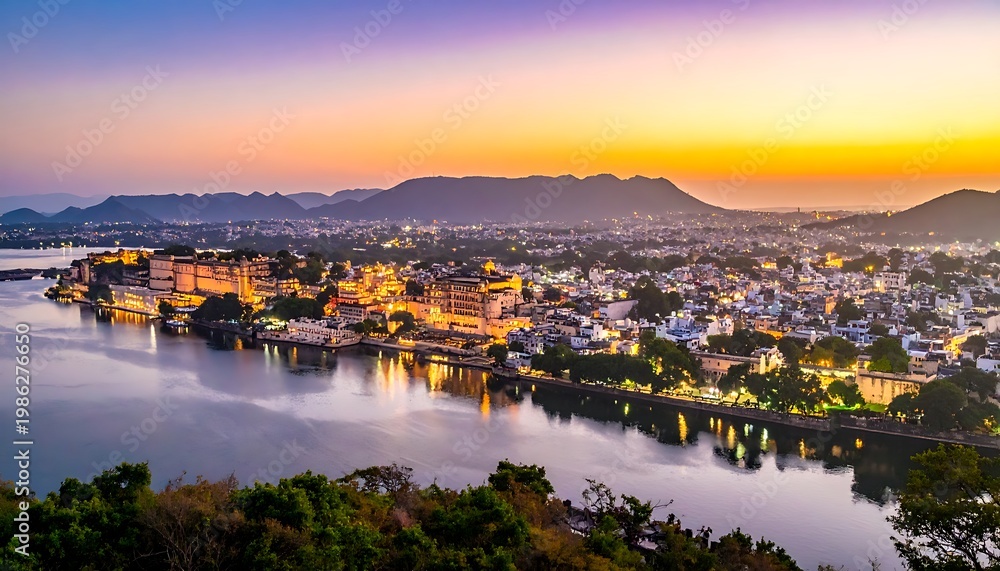 Obraz premium Cityscape with lake at dusk