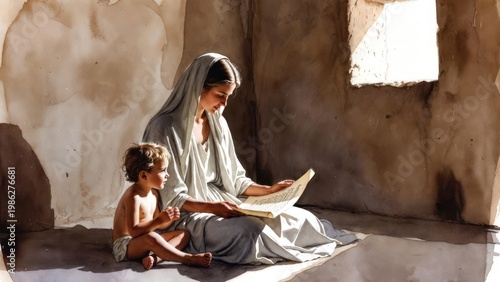 a woman and a child are reading a book together on the floor