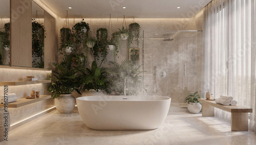 Modern bathroom features freestanding bathtub. Large potted plants hang from ceiling. Natural light streams through sheer curtains. Stone tiles cover walls and floor. Steam rises from shower area