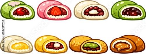 Japanese mochi and daifuku set with various fillings. Vector illustration of rice cake sweets.