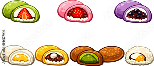 Assorted Japanese mochi and daifuku with fruit fillings. Vector icons set