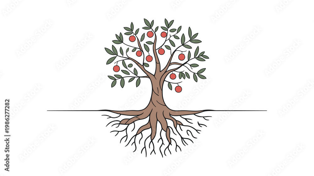 Fototapeta premium Red and keywords white tree with roots and leaves on white background