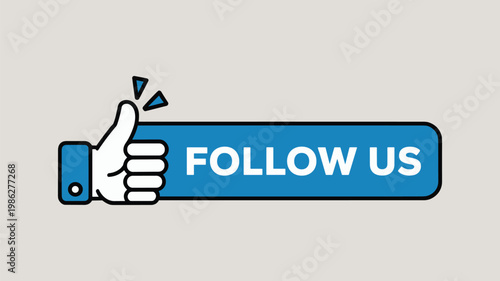 Blue follow us with keywords white hand gesture and text on white background finger