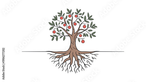 Red and keywords white tree with roots and leaves on white background