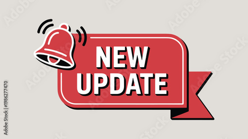 Red speech bubble badge with new update text and pencil keywords