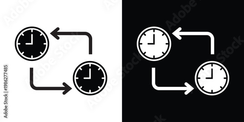 Clock synchronization icon featuring two timepieces with rotation arrows, representing time zones, scheduling efficiency, real-time updates, and punctuality in business operations.