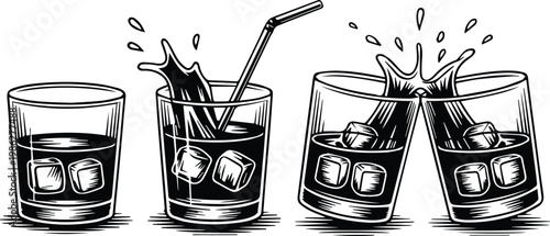 Minimalist black whiskey glass on the rocks woodcut silhouette vector icon