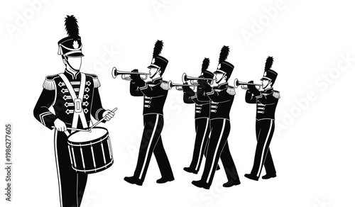 A striking depiction of a marching band featuring a drum major and musicians with brass instruments presented as a silhouette high quality professional detailed