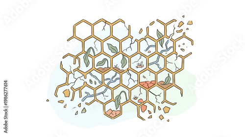 Melting and broken honeycomb environmental disaster illustration for World Bee Day