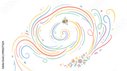 Honey bee flight path with spiral movement dashed lines for World Bee Day