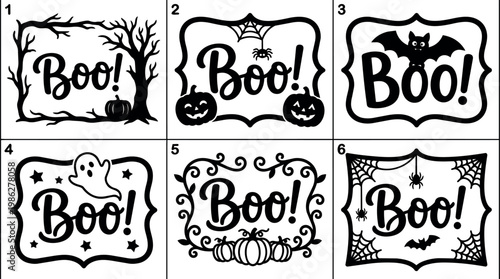 Halloween boo with pumpkin spider bat ghost and stars decorative frame vector art
