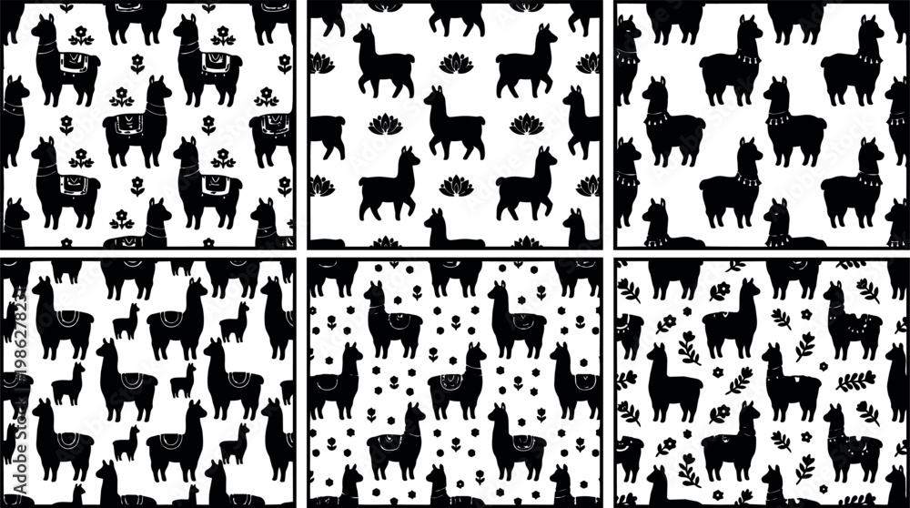 Fototapeta premium Black and white seamless llama pattern with floral and leaf motifs vector art set