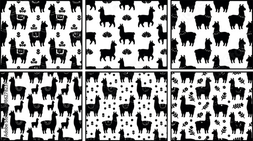 Black and white seamless llama pattern with floral and leaf motifs vector art set