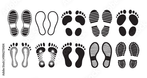 Human footprints and shoe sole prints collection vector illustration set featuring diverse sole patterns