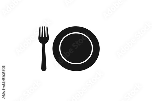 Food restaurant plate symbol with fork and knife, dining and meal icon for cafe and catering design, black silhouette cutlery set isolated on white background, kitchen dinner service sign, lunch.