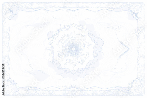 Elegant blue security guilloche background for certificates, diplomas, and financial documents. Intricate vector line art with central rosette and ornamental border for banknote and voucher.
