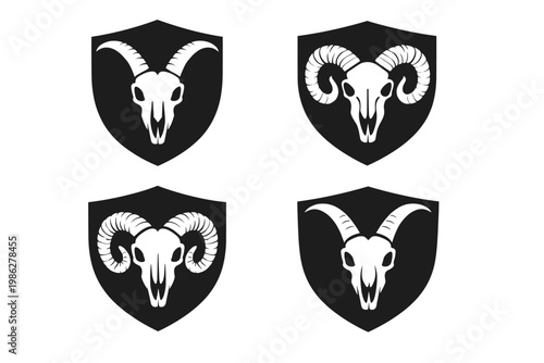 Set of four goat and ram skull silhouettes with curved horns on black shield backgrounds, vector illustration of animal bones for logos, heraldry, hunting, gothic design, and occult symbols.