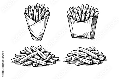 Hand-drawn French fries vector illustration set in a vintage black and white sketch style, featuring potato chips in a paper cone, cardboard box, and scattered piles for fast food menu design.