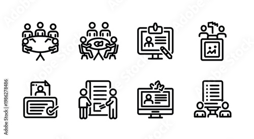 Everyday activities illustrated through simple line drawings of people and objects Vector