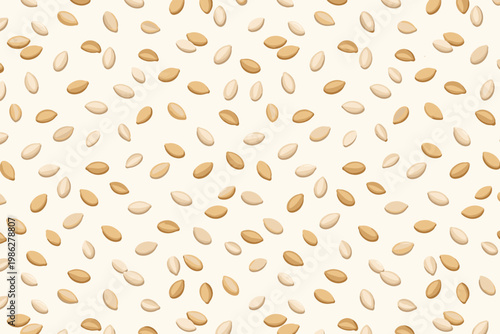Seamless vector pattern of scattered white and toasted sesame seeds on a light cream background. Simple flat vector illustration of healthy organic seeds for food packaging, textile, and wallpaper.