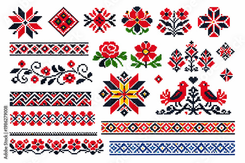 Ukrainian Embroidery Ornament Set with Traditional Pattern Designs in Geometric Cross-Stitch Style, Featuring Folk Vyshyvanka Floral Motifs, Birds, and Ethnic Borders for Cultural Decoration.