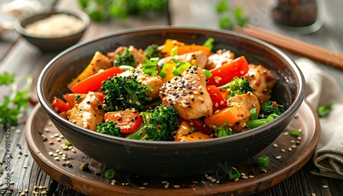 Colorful chicken stir-fry in a dark bowl with broccoli, peppers, and sesame seeds on a rustic wood surface