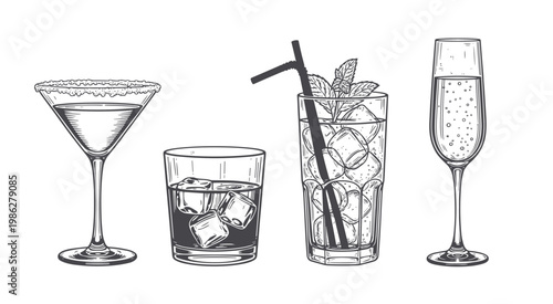 Hand-drawn collection of four different alcoholic drinks in glasses