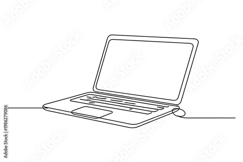Continuous line drawing of a laptop computer. Minimalist vector illustration of a modern portable PC for business, education, and technology concepts. Simple black line art on white background.
