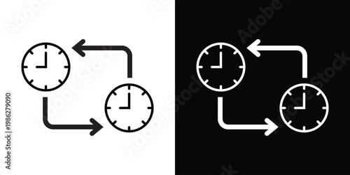 Clock synchronization icon featuring two timepieces with rotation arrows, representing time zones, scheduling efficiency, real-time updates, and punctuality in business operations.