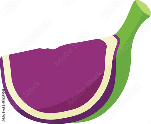 Purple eggplant half with green stem vegetable