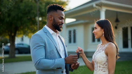 Romantic couple exchanging vows outdoors in beautiful garden setting. Couple holds hands and gazes into each other's eyes, sharing a heartfelt moment under soft sunlight.