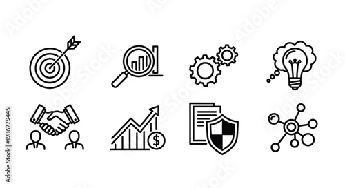 A collection of eight black and white icons representing various concepts and objects Vector