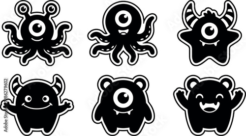 Black and white cartoon monsters with one eye and horns vector art collection