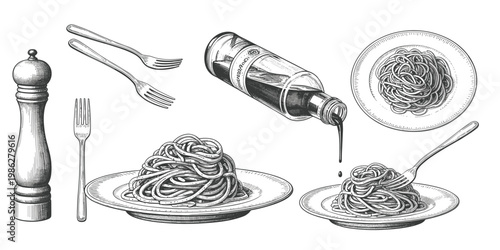 Vintage sketch of spaghetti and ingredients for a meal