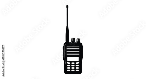 Simple black silhouette of a handheld two way radio with an antenna