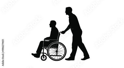 A caregiver assists an elderly person in a wheelchair silhouetted against white