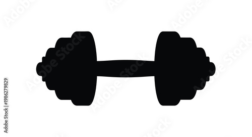 A black silhouette of a standard barbell dumbbell on a white background