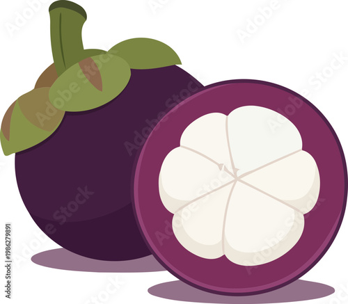 Purple mangosteen fruit with green leaves and white interior