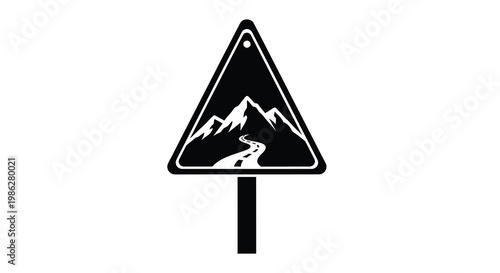 A triangular road sign depicting mountains and a winding roadway