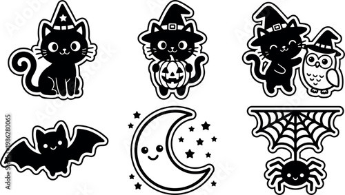 Halloween cats with witch hats and pumpkin with moon stars bat and spider web vector art