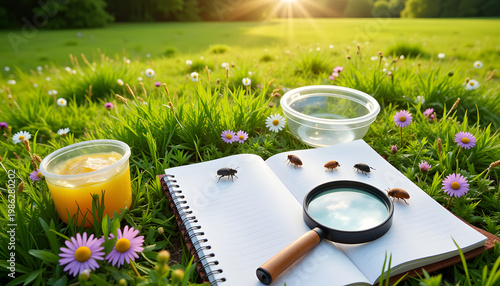 Educational exploration with magnifying glass in sunny meadow, discovery