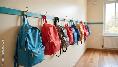 Colorful backpacks hanging on hooks in a bright indoor hallway  