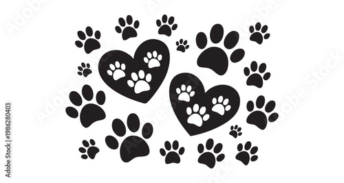 Two hearts filled with paw prints surrounded by small animal paw prints vector