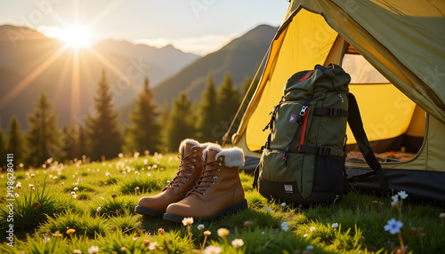Hiking boots and backpack at mountain tent, adventure in nature