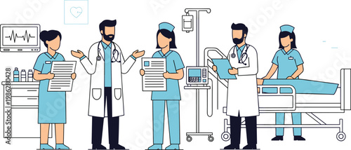 Healthcare medical team in hospital with doctors nurses patient care clinical treatment and professional service illustration