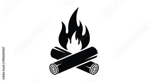 Simple black and white illustration of a campfire with burning logs