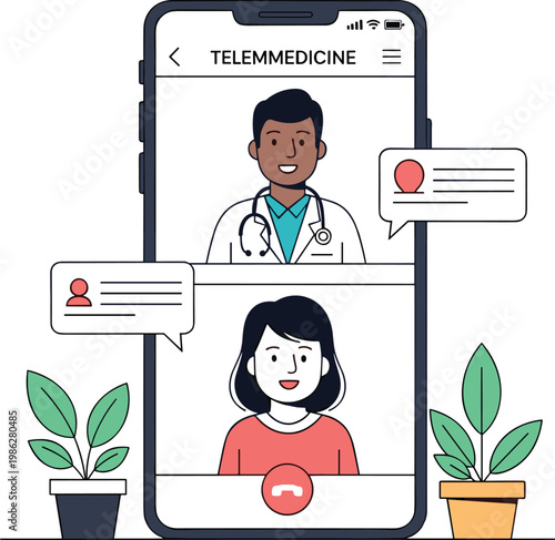 Telemedicine video consultation with doctor and patient on smartphone digital healthcare service and remote diagnosis illustration